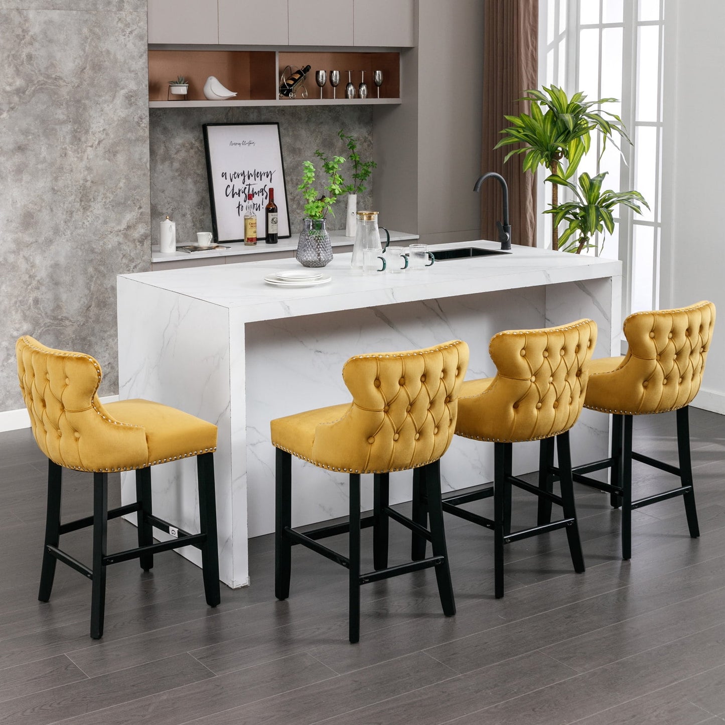 GAKMCIL Velvet Upholstered Wing-Back Barstools, Counter Height Solid Wood Bar Chairs with Button Tufted, Chrome Nailhead Trim, Wooden Legs, 300lb Load for Kitchen, Dining Room, Pub (Set of 4, Gold)