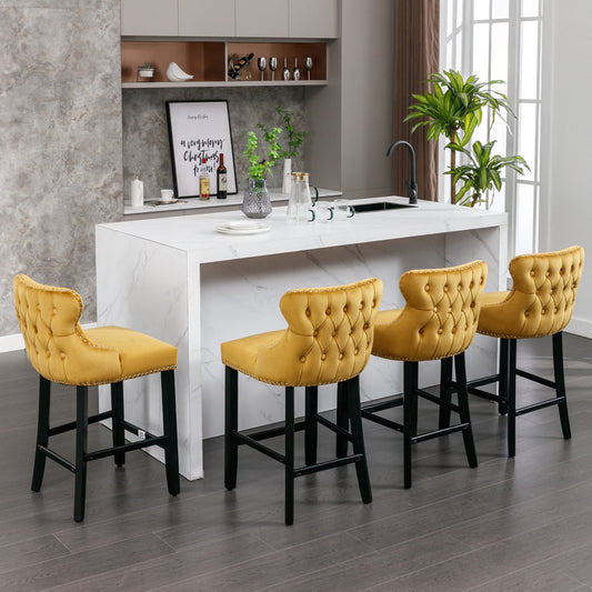 GAKMCIL Velvet Upholstered Wing-Back Barstools, Counter Height Solid Wood Bar Chairs with Button Tufted, Chrome Nailhead Trim, Wooden Legs, 300lb Load for Kitchen, Dining Room, Pub (Set of 4, Gold)