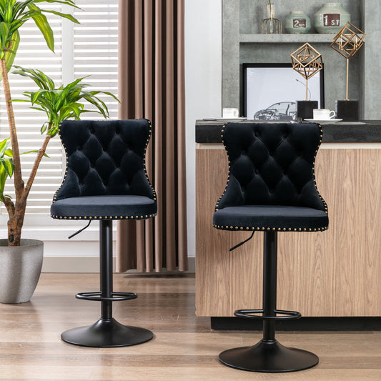 GAKMCIL Swivel Velvet Upholstered Barstools with 25-33in Adjustatble Seat Height, 360°Swivel, Footrest, Black Chrome base, Comfy Tufted, 300lb Load for Home Pub, Kitchen Island (Set of 2, Black)