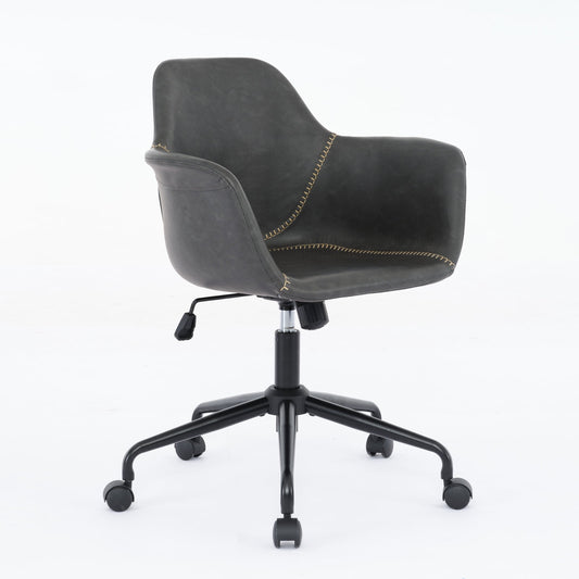 GAKMCIL Mid-Century Modern PU Leather Rolling Swivel Chair, Ergonomic Arms Chair with 40° Recline Chassis, Adjustable Height, Back Support, 300lb Load for Study, Office, Bedroom, Living Room (Black)