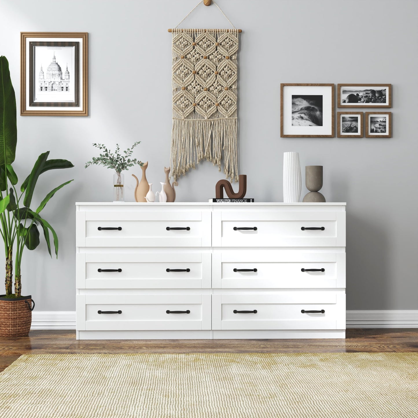 GAKMCIL Modern side cabinet, Wood Chest of Drawers with Metal Handle and 6 Drawers, Modern Wood Organizer for Living Room, Bedroom, Entryway and Hallway (White) (55.12"L * 15.75"W * 27.95"H)