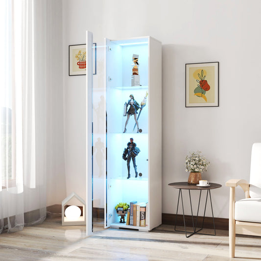 GAKMCIL Side Cabinet with Aluminum Strip Lamp, 4 Shelf Glass Display Cabinets & bookcase with Dimmable LED for Living Room, Bedroom, Office, Large Storage Space (White) (15.75"L * 11.42"W * 66.93"H)