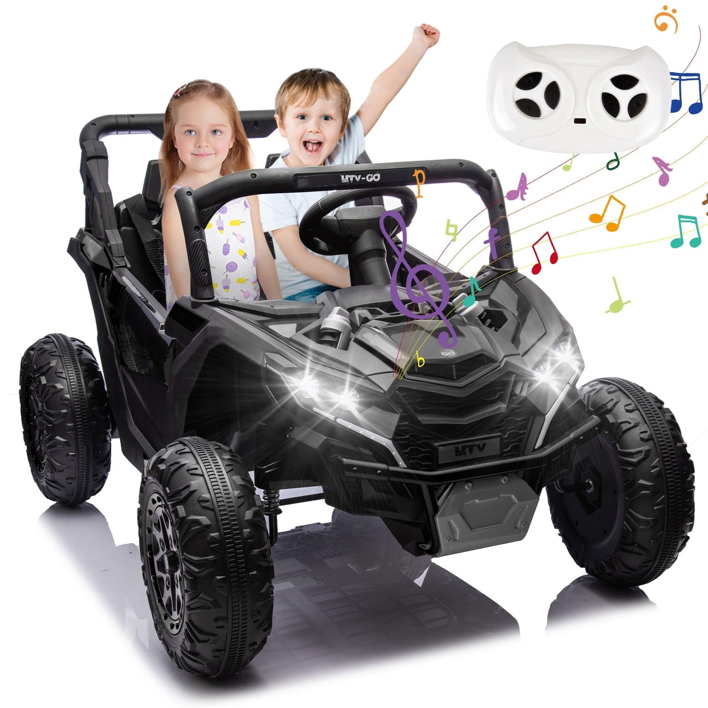 POWANLI 24V Electric Toy Car with UTV W/Parents Remote Control,2 Seater Kids Ride on Toys Truck with 4 wheels, USB, MP3, Bluetooth, LED Lights, Horn for Girls Boys Kids 3-8, Black