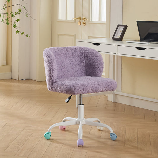 GAKMCIL Artificial Alpaca Wool Home Office Chair, Ergonomic Desk Chair, Vanity Chair with 360 ° Swivel, Arm, White Metal, Chassis can be Tilted 40°, 300lb Load for Study, Office, Bedroom (Violet)