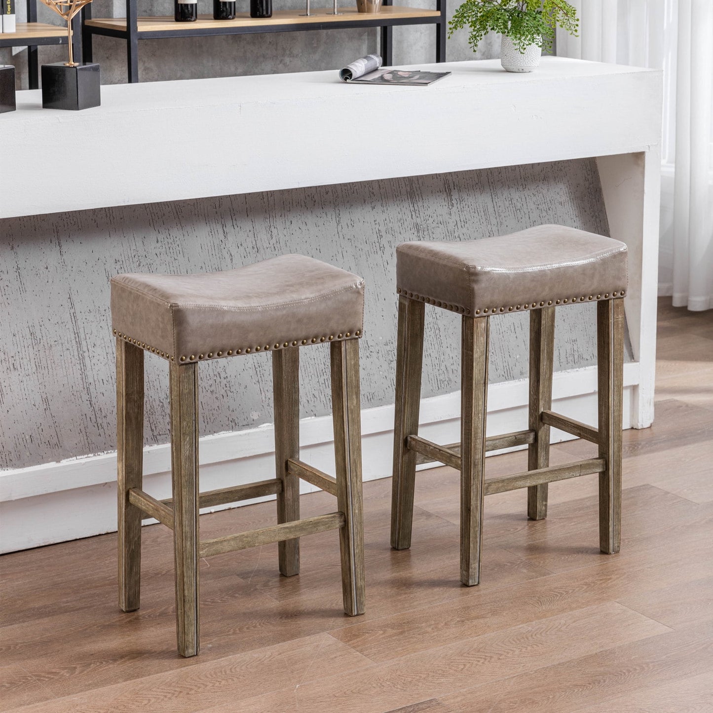 GAKMCIL 29" Backless PU Leather Counter Stools (Set of 2) with Nailhead Trim, Wooden Legs, 350lb Load for Kitchen, Dining Room, Pub (Gray)