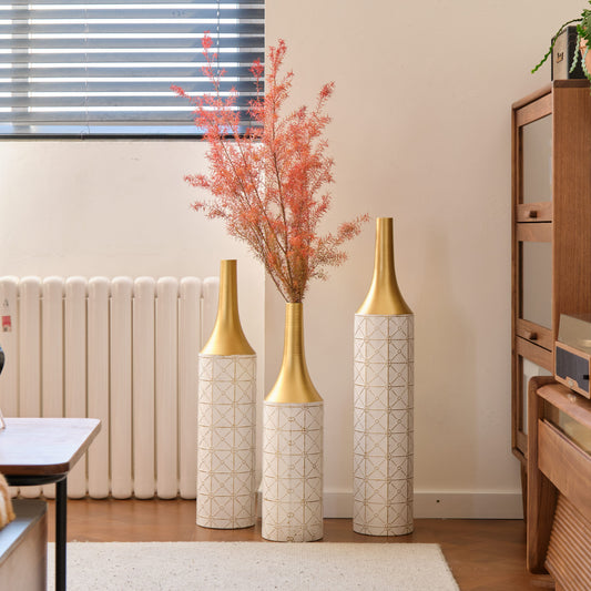 GAKMCIL Floor Metal Vases Decorated White&Gold Metal Vases (Set of 3) Gorgeous Home Decoration for Fake Flowers Large Glazed Metal Vases for Home Living Room (25.2in/29.13in/33.86in height) (White)