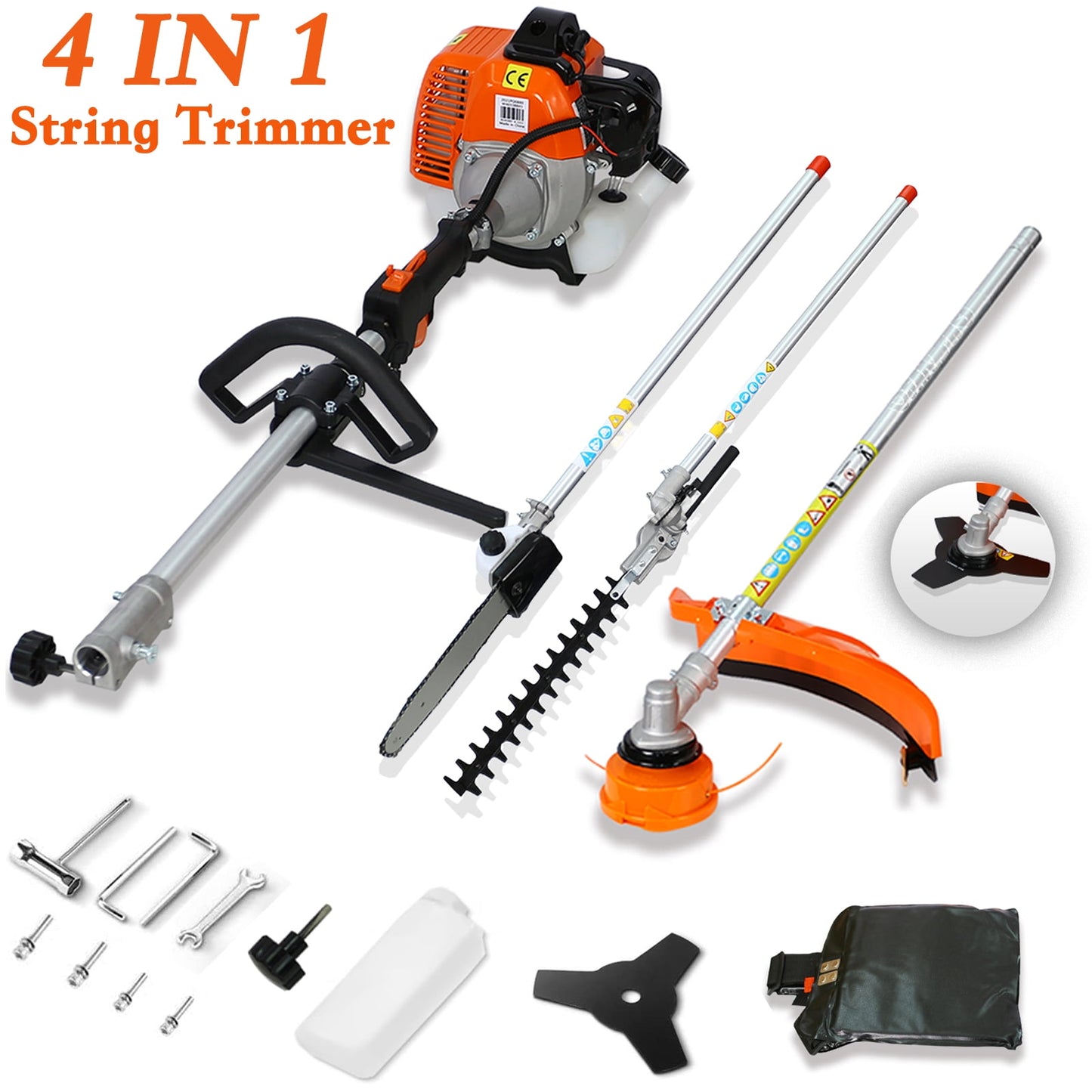 POWANLI 4-in-1 Multi-Functional Trimming Tool,52CC 2-Cycle Garden Tool System with Gas Hedge Trimmer,Gas Pole Saw,Grass Trimmer, and Brush Cutter