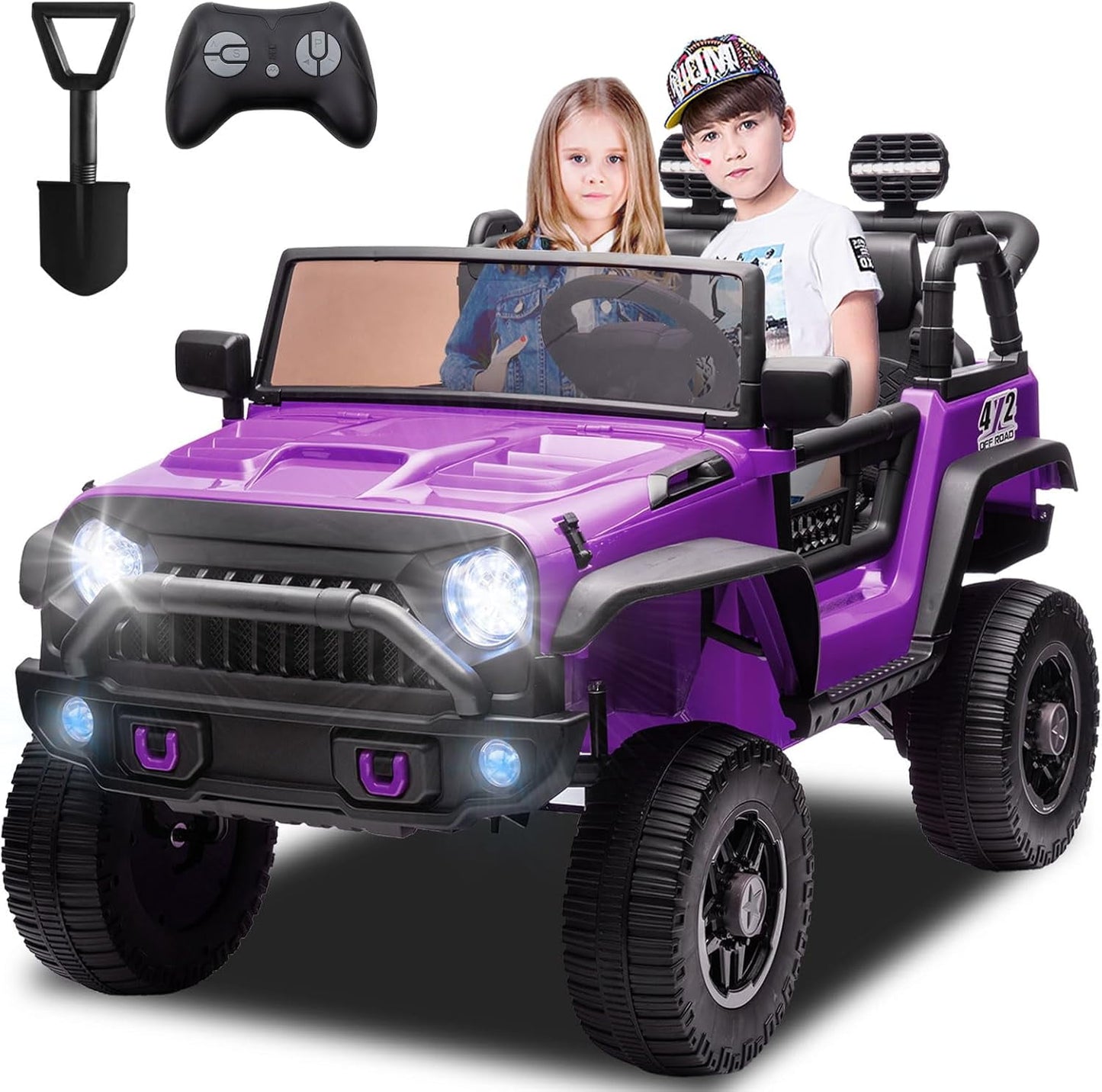 POWANLI 24V 2 Seater Ride on Toys for Kids, Electric Truck w/Remote Control, 20.28" Wide Seat, 2x200W Motor, 5 Mph Max Speed, Bluetooth, MP3, Belts, Lights, Power Car Wheels for Boys and Girls,Purple