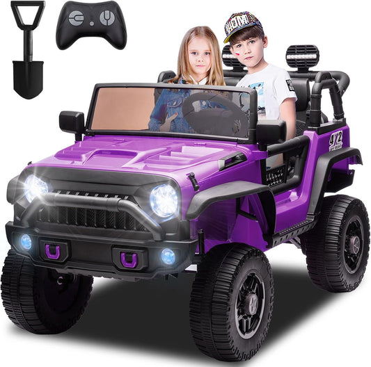 POVANLI 24V 2 Seater Ride on Toys for Kids, Electric Truck w/Remote Control, 20.28" Wide Seat, 2x200W Motor, 5 Mph Max Speed, Bluetooth, MP3, Belts, Lights, Power Car Wheels for Boys and Girls,Purple