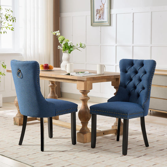 GAKMCIL Fabric Dining Chair (Set of 2), Comfy Tufted Fabric Upholstered Dining Chair with Nailhead Trim, Solid Wood Legs, Weight Capacity 300lb for Dining Room and Kitchen (Blue)