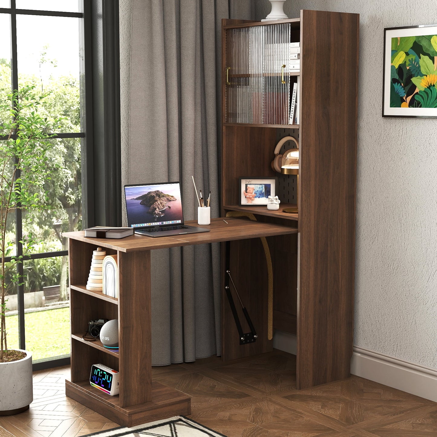 GAKMCIL 2-in-1 L-Shaped Folding Desk with Storage, Modern Style Space-Saving Foldable Computer Desk for Writing Study Table for Home Office, Bedroom, Dorm, Apartment (Walnut)(55.12"L*31.50"W*76.77"H)