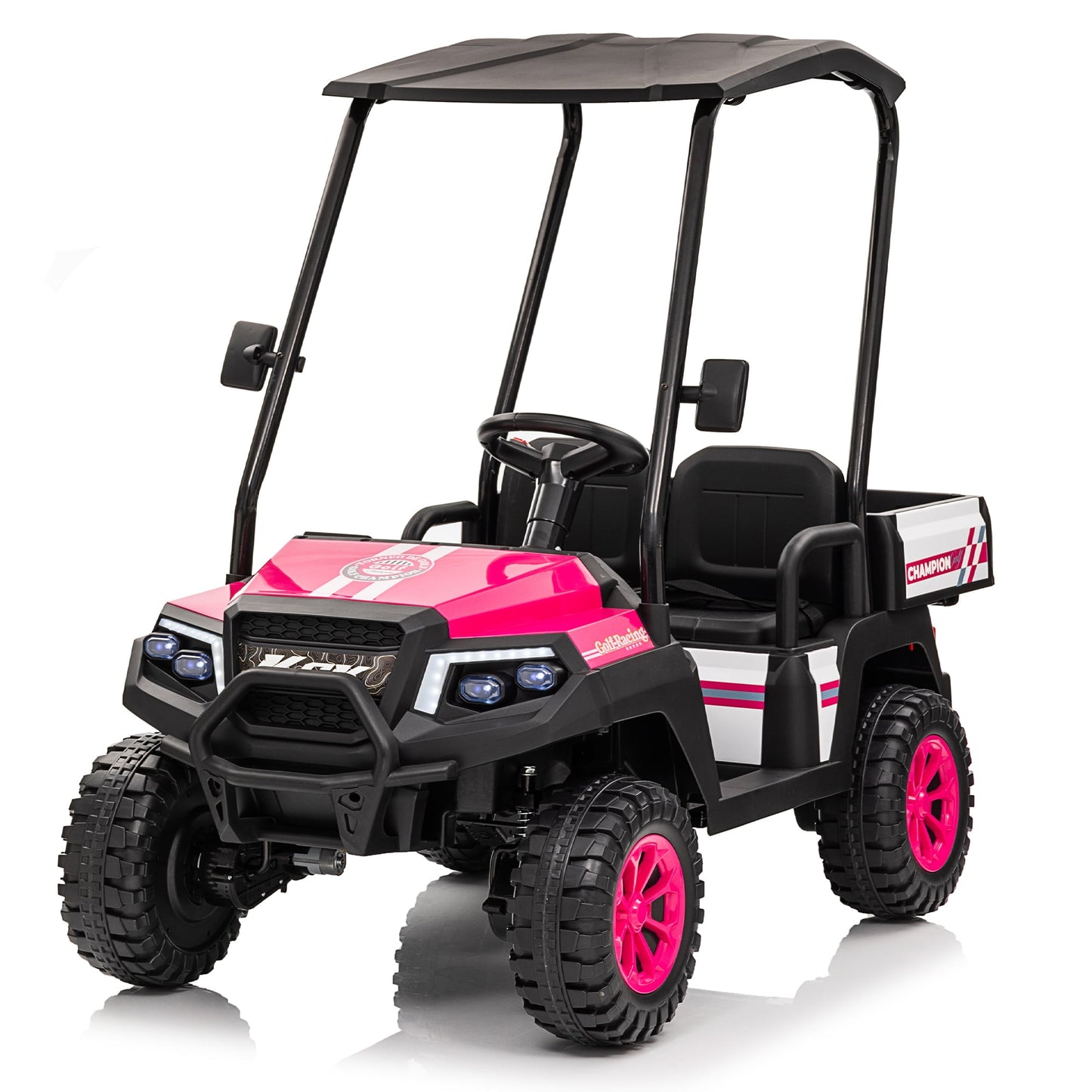 POVANLI 2 Seater 24V Kids Ride on Electric Truck Golf Cart W/Parents Control,Dual-Motor Drive,Slow start,Removable Sunshade,Rear Cargo Bed,LED Lights,MP3,USB,Bluetooth for Kids Aged 3-8,Gift(Pink)