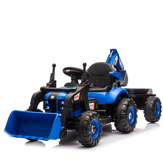POVANLI 24V 4-in-1 Excavator, Dump Truck, Bulldozerc, Kids Ride on Electric Toy Tractor Vehicle W/Parent Remote Control, Slow Start, MP3, USB, Bluetooth, LED Lights for 2-5 Yr Children Gift (Blue)