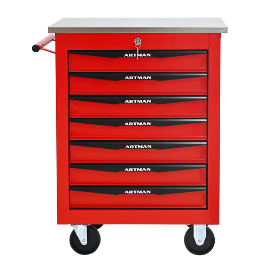 POVANLI 22-inch 7-Drawer Portable Tool Cart, Steel Tool Box with Stainless Steel Roof, Key Locking and 4 Steering Wheels, 200lbs Load Capacity for Garage, Workshop, Warehouse and Repair Shops (Red)