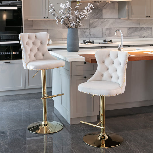 GAKMCIL Swivel Velvet Upholstered Barstools with 25-33in Adjustatble Seat Height, 360°Swivel, Footrest, Golden Chrome base, Comfy Tufted, 300lb Load for Home Pub, Kitchen Island (Set of 2, Beige)