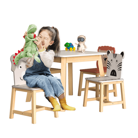 GAKMCIL 5 Piece Wood Kids Table and 4 Chairs Set, 19.7''H Square Toddler Activity Play Table Set for Home, Nursery, Kindergarten, Cartoon Animals: Lion & Leopard & Elephant & Zebra (White)(2-8 child)
