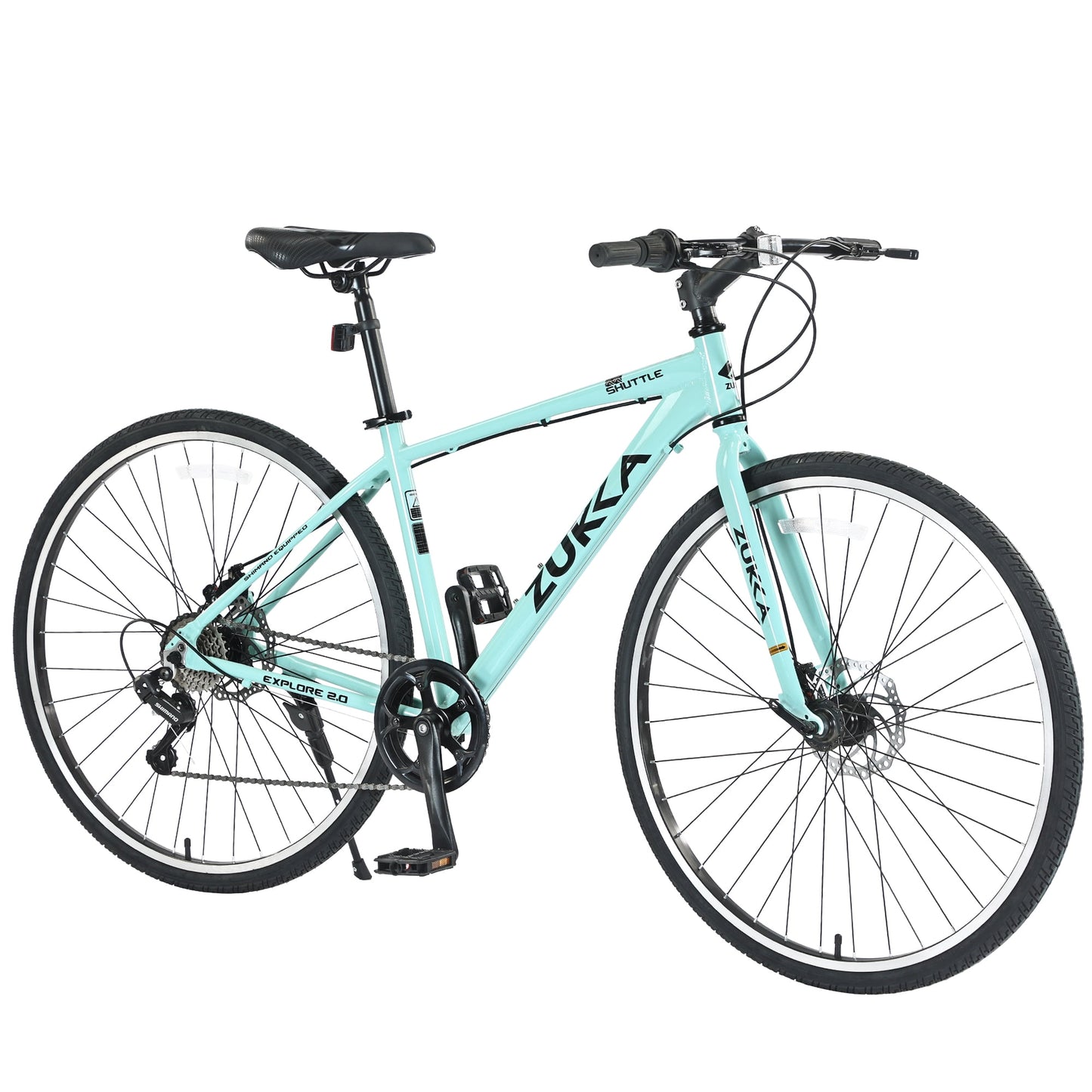POVANLI 700C Road Bike, 7 Speed Hybrid Bike Aluminum Alloy Frame Double Disc Brakes For men women's City Bicycle, Green (Gift)