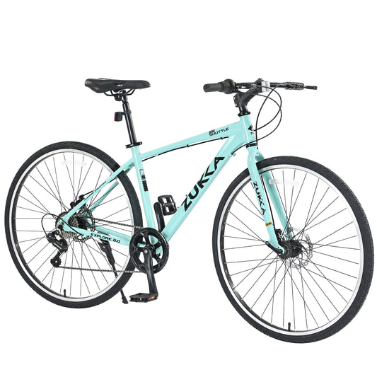 POVANLI 700C Road Bike, 7 Speed Hybrid Bike Aluminum Alloy Frame Double Disc Brakes For men women's City Bicycle, Green (Gift)