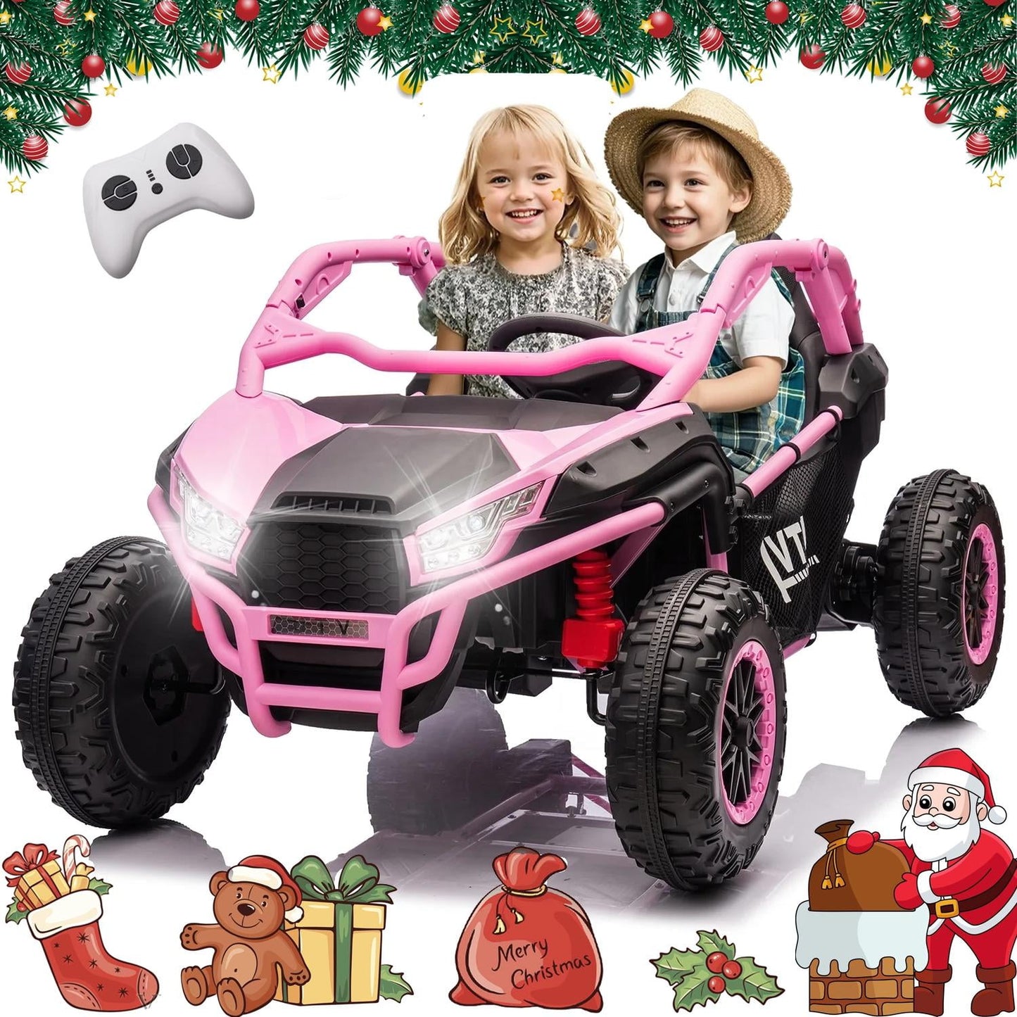 POWANLI 24V 2 Seater Ride on UTV Toy Car for Kids W/Parents Control Remote, Off-Road Electric Vehicles, 400W Super Power 3 Speeds 3.73-4.97MPH, W/Bluetooth Music, Horn, Gift for 3-8 Boy&Girl(Pink)