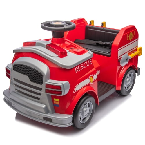 POWANLI 12V Kids Ride On Electric Car.Fire Engine Shape Design with Early education function,Human-vehicle interaction with A variety of fire tools.Lights,horns,and sirens,Slow Start For kids Aged 3-7