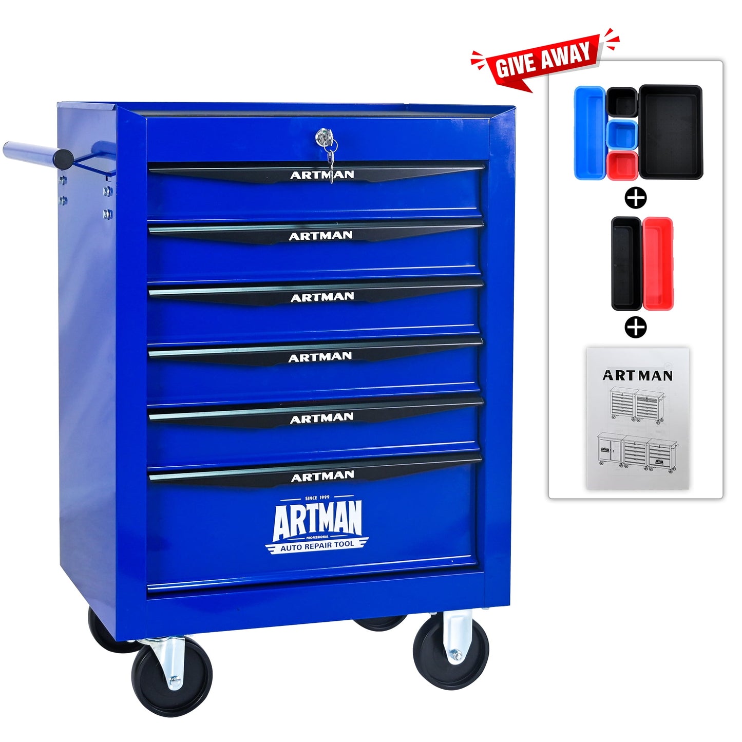 POVANLI 20" 6 Drawer Portable Tool Box with Ball Bearing Drawer Slides,4 Steering Wheels(2 with Parking Brakes),200lbs Load,Steel Tool Chest with Key Locking Tool Organizers,for Garage Workshop(Blue)