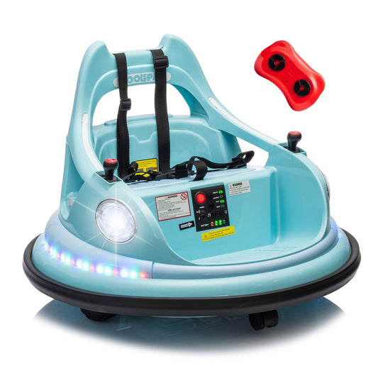 POWANLI 12V 2-Speeds Electric Ride On Bumper Car, ASTM Certified, W/Remote Control, Bluetooth Music, LED Light, 360°Spin,Five-point Safety Belt, Kid Toys Gifts for 1.5-5 Year Old Kid Boys Girls, Blue