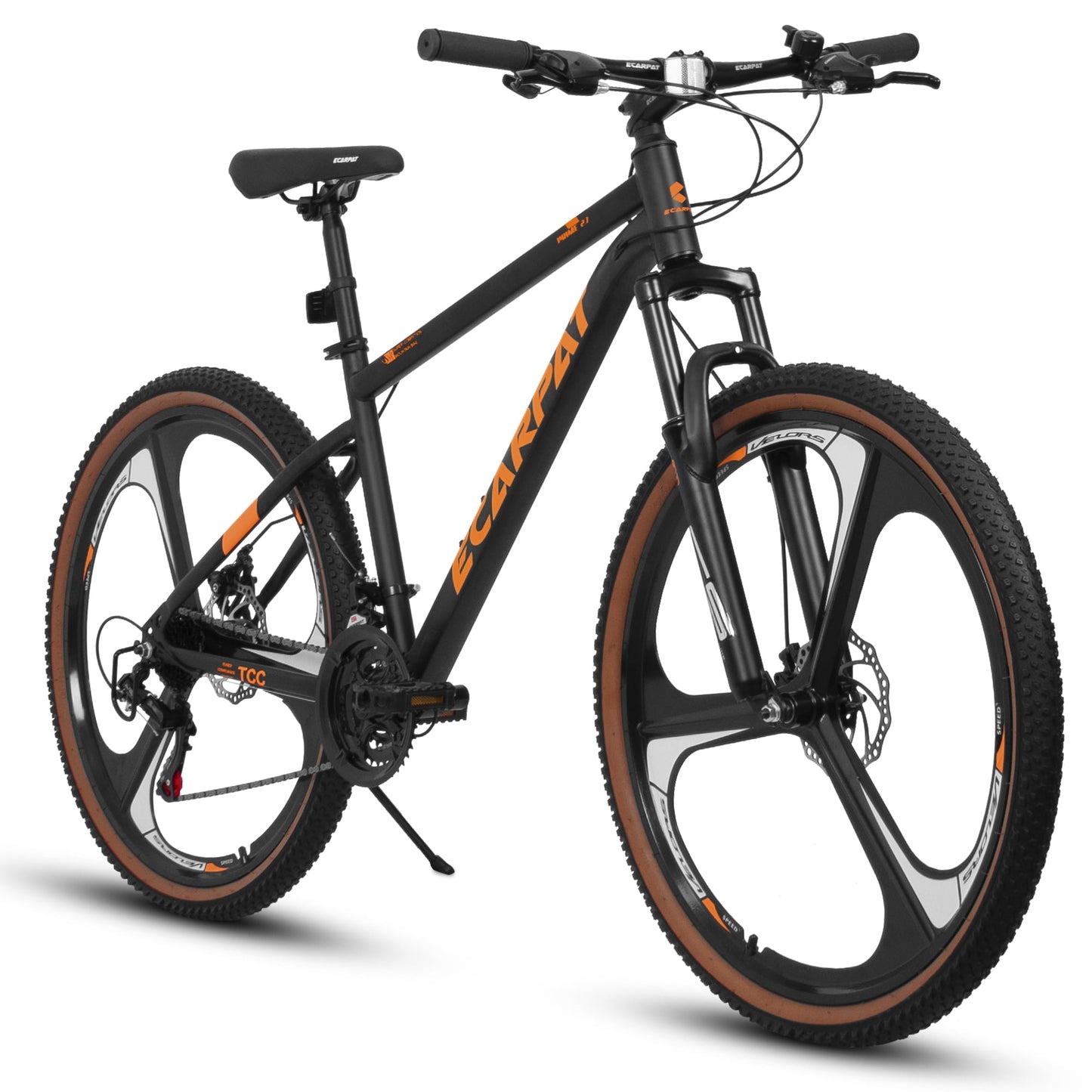 POWANLI 27.5 inch Mountain Bike for Men and Women, 21 Speed Road Bicycle with Dual Disc Brakes & Suspension, High Carbon Steel Frame Front Fork Bicycles, Black&Orange(Gift)