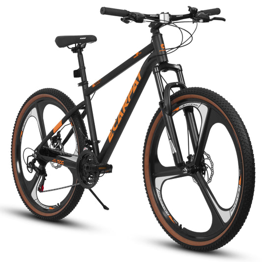 POWANLI 27.5 inch Mountain Bike for Men and Women, 21 Speed Road Bicycle with Dual Disc Brakes & Suspension, High Carbon Steel Frame Front Fork Bicycles, Black&Orange(Gift)