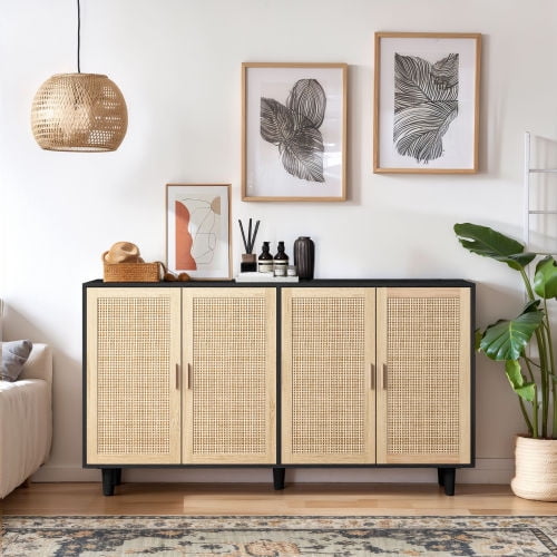 GAKMCIL Sideboard Buffet Cabinet, 70" Boho Buffet Table, Rattan Coffee Bar Cabinet with 4 Doors and Shelves for Kitchen, Living Room, Entryway, Black