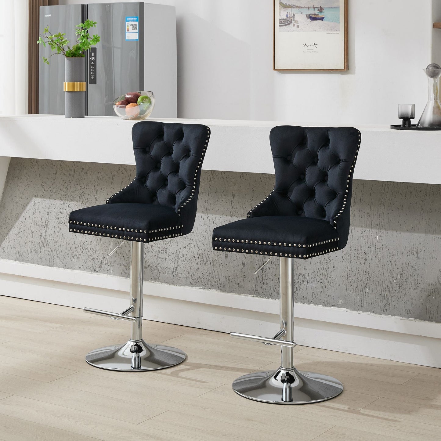 GAKMCIL Thick Chrome Silver Swivel Velvet Barstools, Modern Upholstered Bar Stools with Tufted Buttons, Adjustable Seat Height from 27-35in, 270lb Load for Home Pub, Kitchen Island (Set of 2, Black)