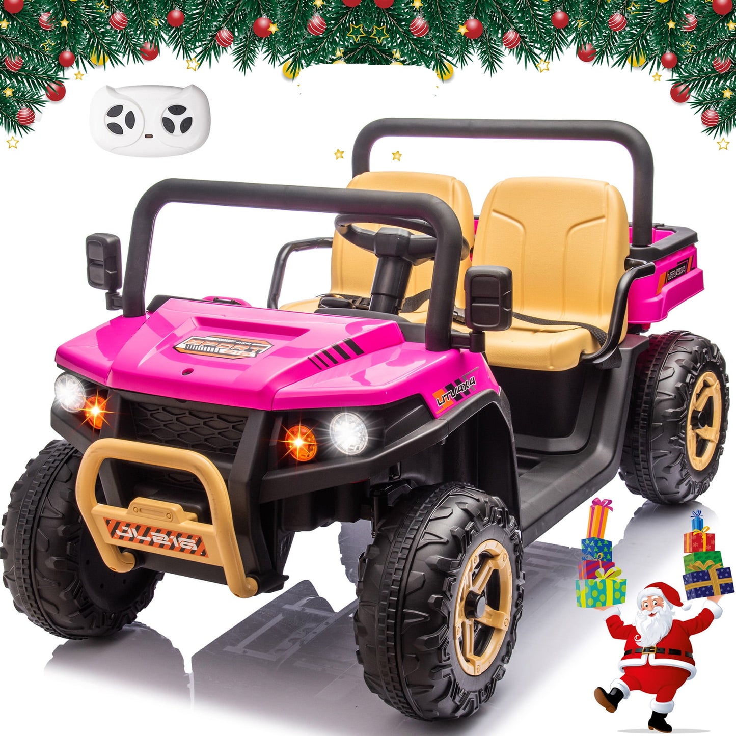 POWANLI 24V Ride on Toys Truck with 2.4G Remote Control,2 Seater Kids Electric Car with 4 wheels, USB, MP3, Bluetooth, LED Lights, Horn for Girls Boys Kids 3-8, Pink