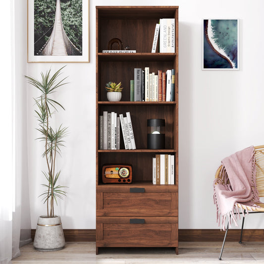 GAKMCIL 70.87" Tall Bookshelf, Open Bookcase with 2 Drawers and 4-Tier Storage Shelves - Stylish Multi-Functional Organizer for Home Office, Living Room, Study (23.62"*15.75"*70.87")(Walnut)