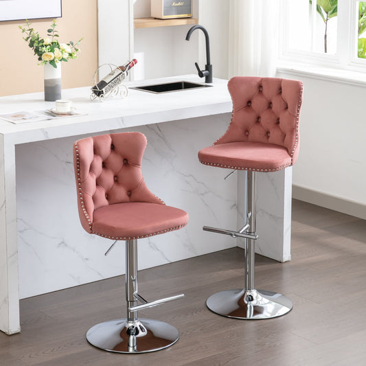 GAKMCIL Swivel Velvet Upholstered Barstools with 25-33in Adjustatble Seat Height, 360°Swivel, Footrest, Chrome base, Comfy Tufted Backs, 300lbs Load for Home Pub, Kitchen Island (Set of 2, Pink)