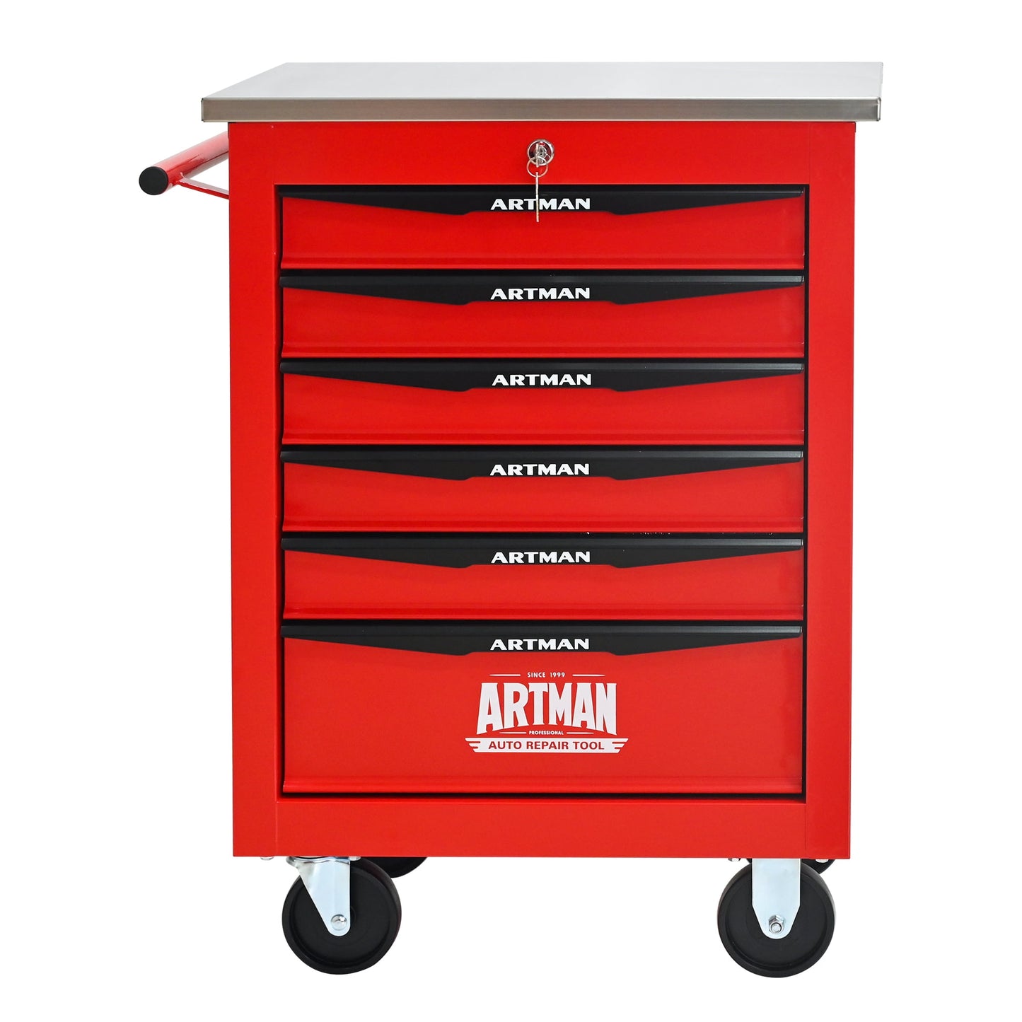 POVANLI 22-inch 6-Drawer Portable Tool Cart, Steel Tool Box with Stainless Steel Roof, Key Locking and 4 Steering Wheels, 200lbs Load Capacity for Garage, Workshop, Warehouse and Repair Shops (Red)