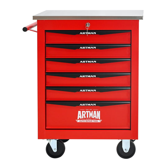 POVANLI 22-inch 6-Drawer Portable Tool Cart, Steel Tool Box with Stainless Steel Roof, Key Locking and 4 Steering Wheels, 200lbs Load Capacity for Garage, Workshop, Warehouse and Repair Shops (Red)