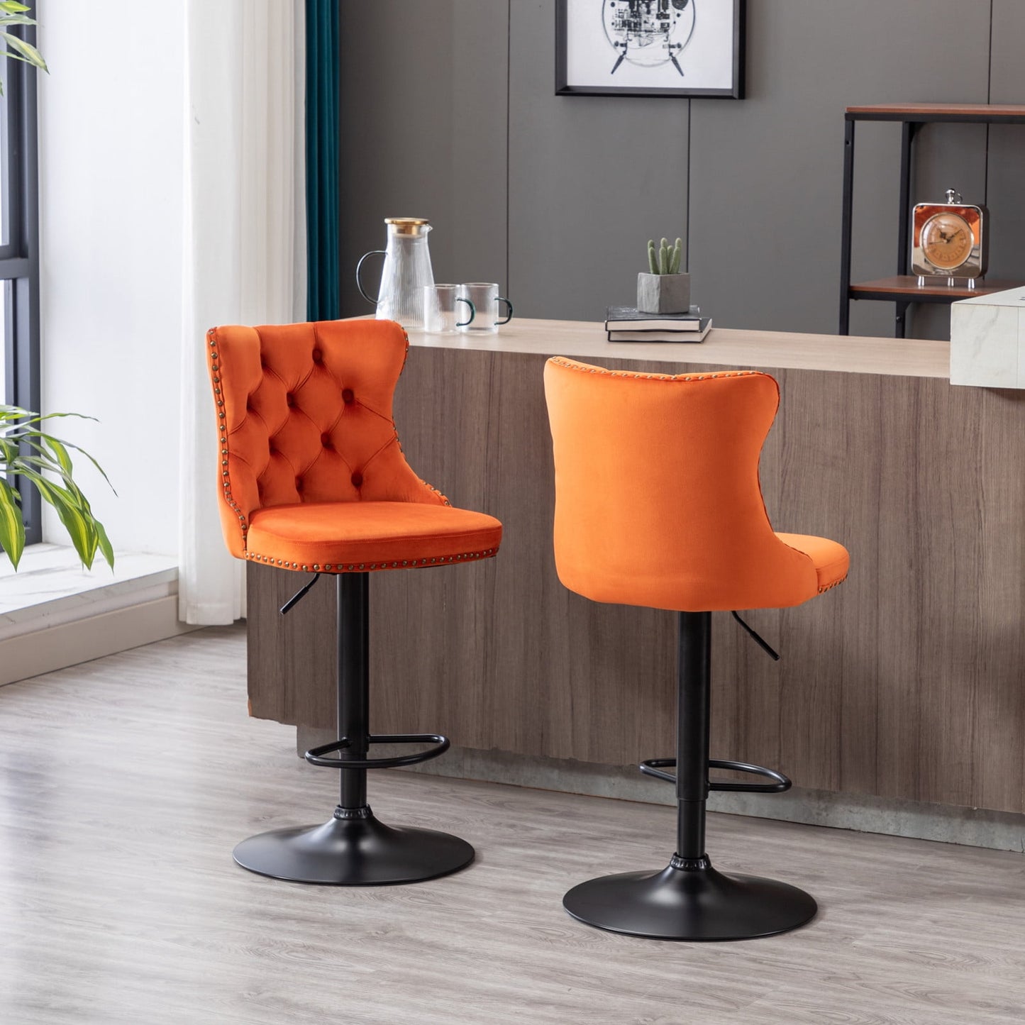 GAKMCIL Swivel Velvet Upholstered Barstools with 25-33in Adjustatble Seat Height, 360°Swivel, Footrest, Black Chrome base, Comfy Tufted, 300lb Load for Home Pub, Kitchen Island (Set of 2, Orange)