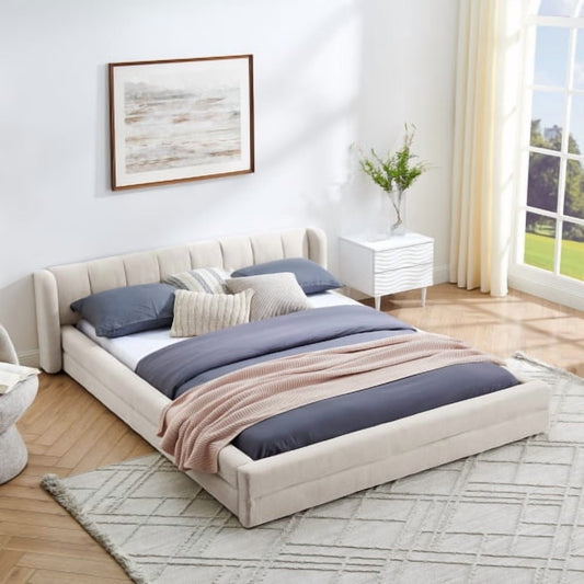 Queen Size Upholstered Bed Frame with Thick Fabric, Chenille Fabric Grounded Queen Size Platform Bed with Headboard and Solid Frame-Beige(87''*67''*23.5'')