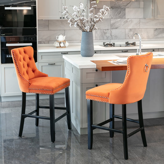 GAKMCIL Velvet Barstools, Leisure Upholstered Height Bar Stools (Set of 2) with Button Tufted Decoration, Wooden Legs, Chrome Nailhead Trim, 300lbs Load for Home Pub and Kitchen Island (Orange)