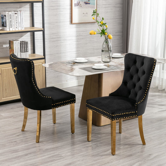 GAKMCIL Velvet Dining Chair, Tufted Button Padded Chairs (Set of 2) with Nailhead Trim and Golden Stainless Steel Plating Solid Wood Legs, 300lb Load for Dining Room and Kitchen (Black)