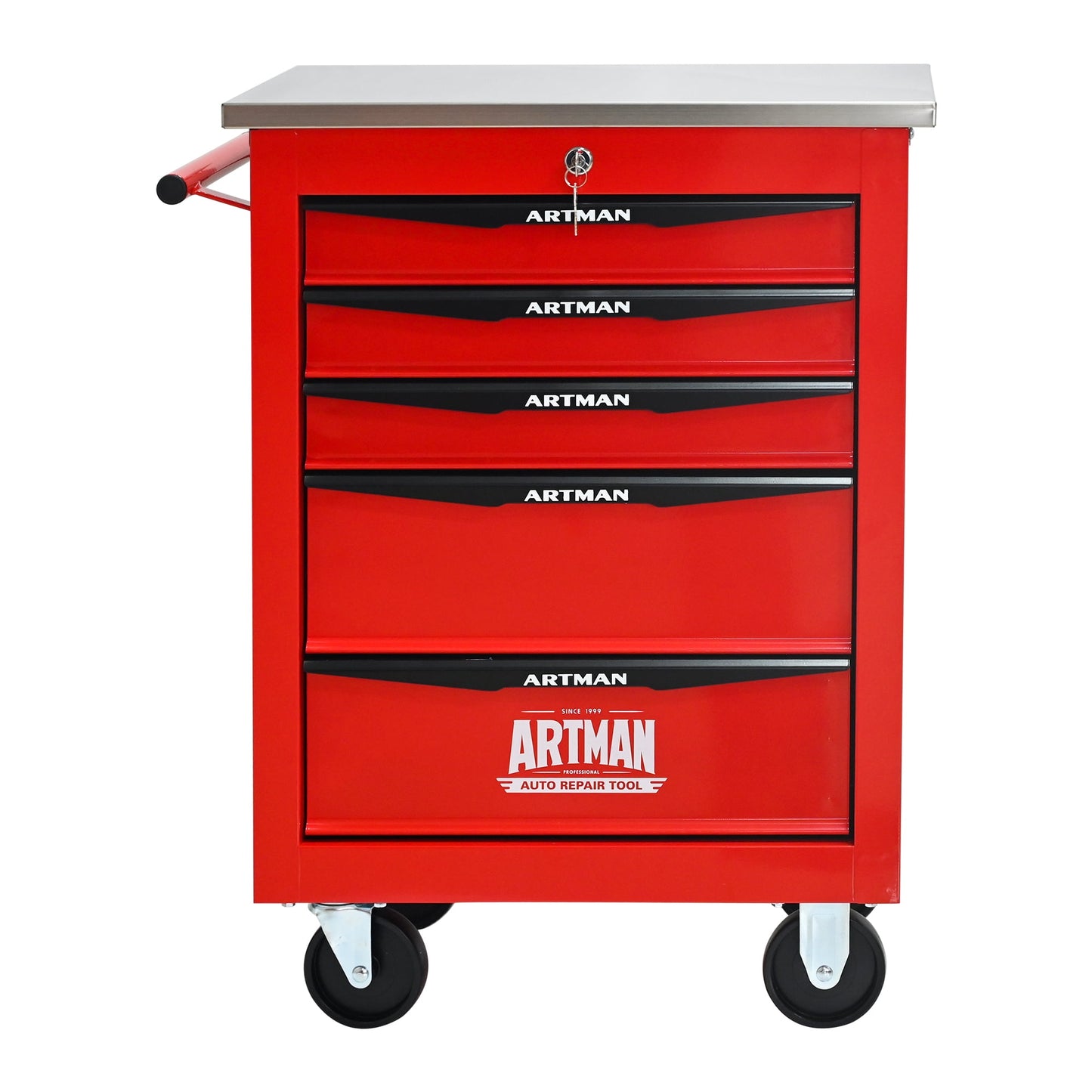 POVANLI 22-inch 5-Drawer Portable Tool Cart, Steel Tool Box with Stainless Steel Roof, Key Locking and 4 Steering Wheels, 200lbs Load Capacity for Garage, Workshop, Warehouse and Repair Shops (Red)