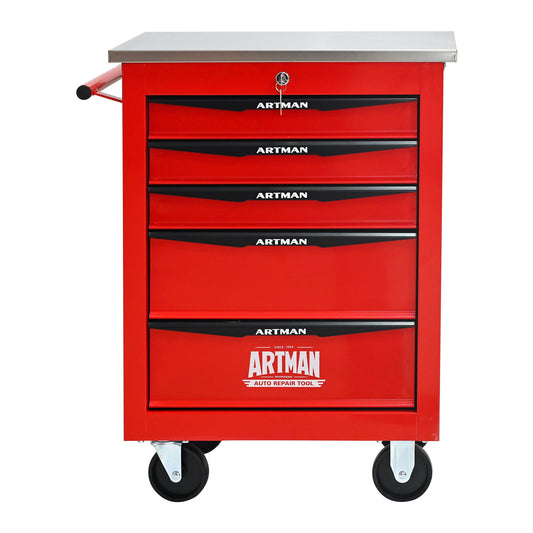 POVANLI 22-inch 5-Drawer Portable Tool Cart, Steel Tool Box with Stainless Steel Roof, Key Locking and 4 Steering Wheels, 200lbs Load Capacity for Garage, Workshop, Warehouse and Repair Shops (Red)