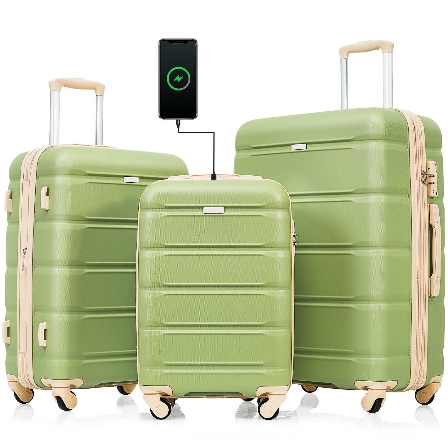 POWANLI 3Pcs Luggage Set, 20" Suitcase with USB Port,Carry-on Luggage with Cup Holder, ABS+PC Hard Shell Luggage with Spinner Wheels Light Green