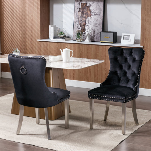 GAKMCIL Velvet Dining Chair, Comfy Tufted Upholstered Dinner Chair with Chrome Stainless Steel Plating Legs, Nailhead Trimfor amd Back Ring, 300lb Load for Dining Room and Kitchen (Set of 2, Black)