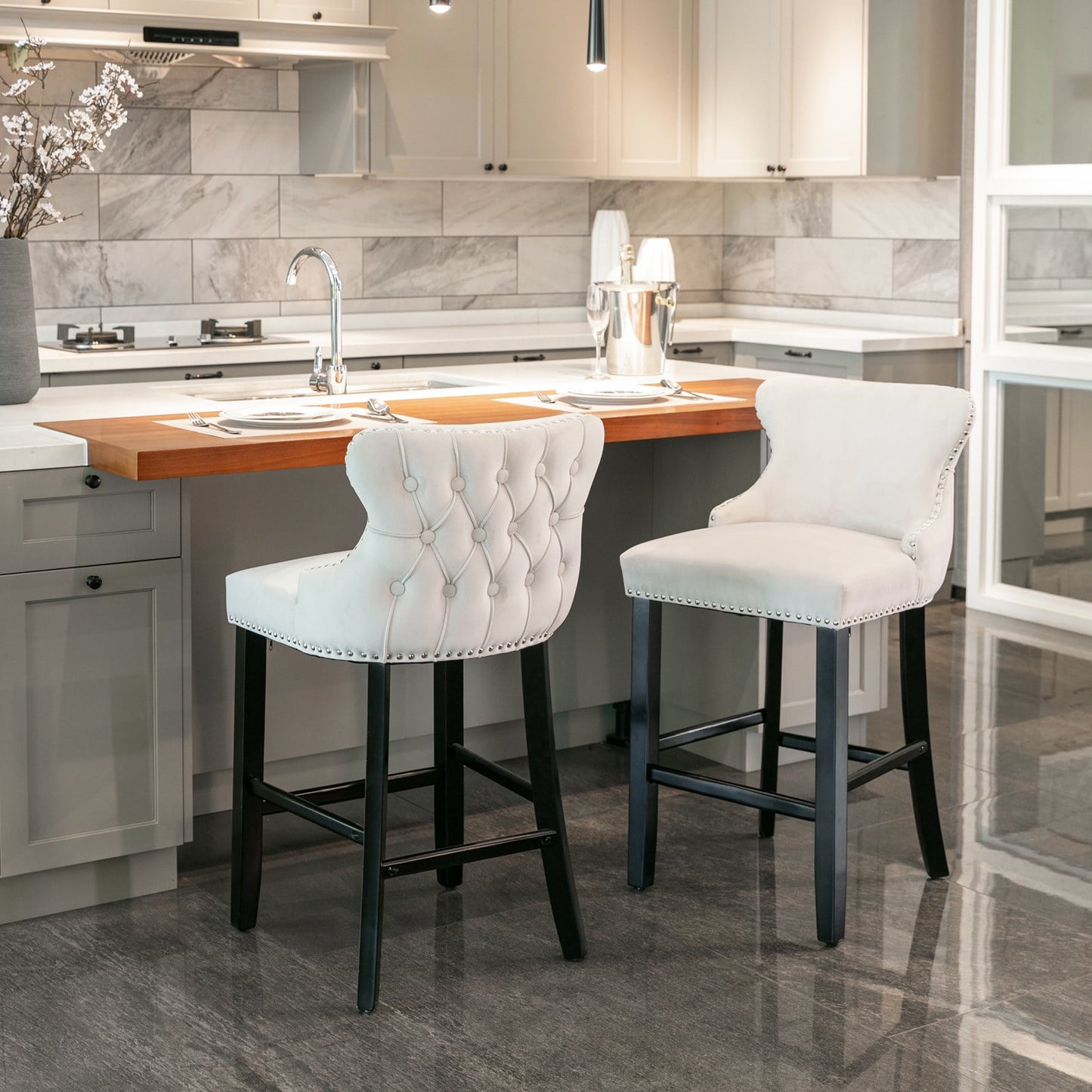 GAKMCIL Velvet Upholstered Wing-Back Barstools, Counter Height Solid Wood Bar Chairs with Button Tufted, Chrome Nailhead Trim, Wooden Legs, 300lb Load for Kitchen, Dining Room, Pub (Set of 2, Beige)