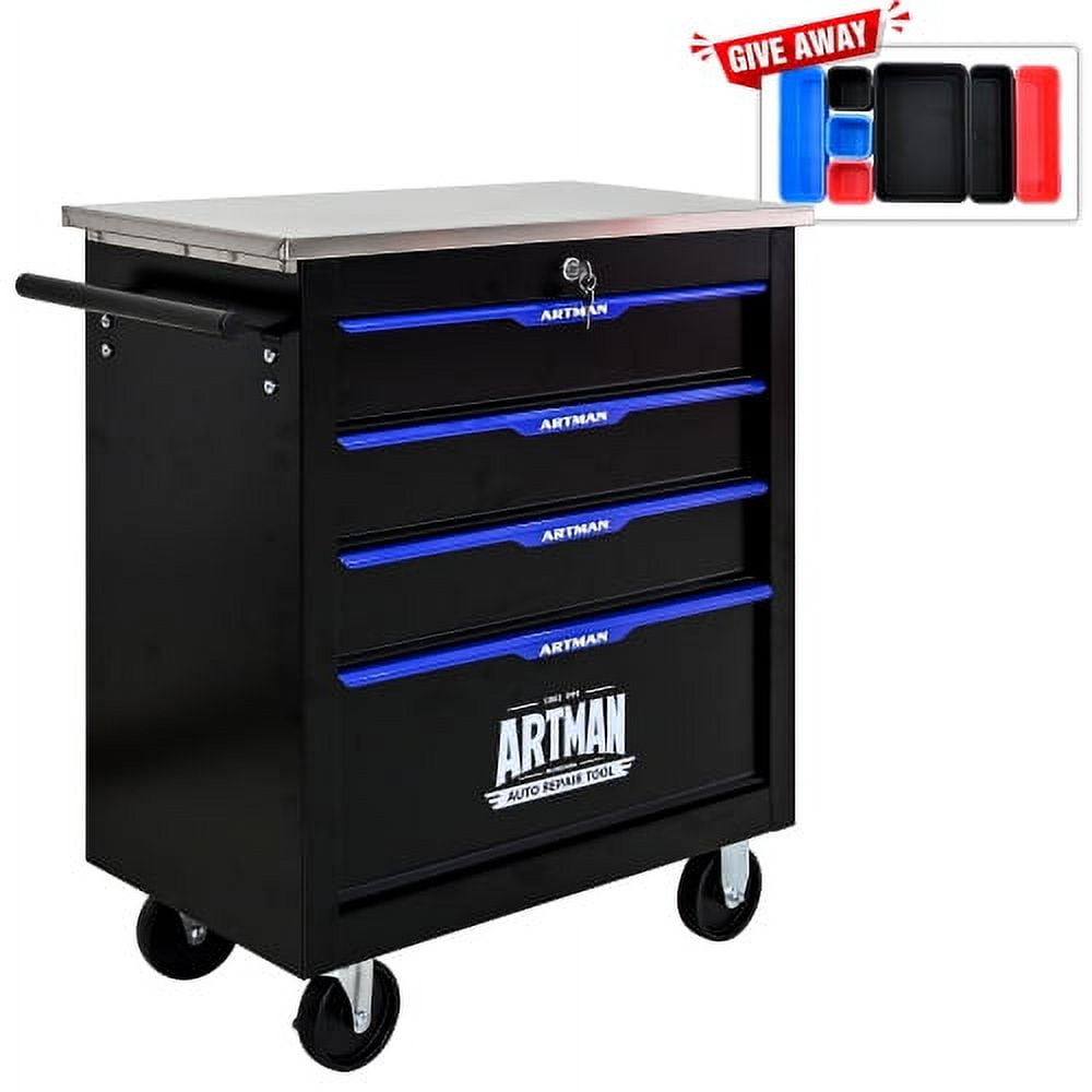 POWANLI 4 Drawers Multifunctional Tool Cart with wheels,Key Locking and 4 Toolbox On Wheels, Metal,Suitable for Garages,Warehouses,Workshops,Repair Shops(Black+Blue)