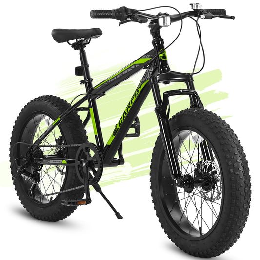 POWANLI Kids Bike 20" Wheels 4" Wide Fat Tire Snow Mountain Bike Ages 8-12 Year Old, Steel Frame, 7 Speed Teenager Children Kids' Bicycles