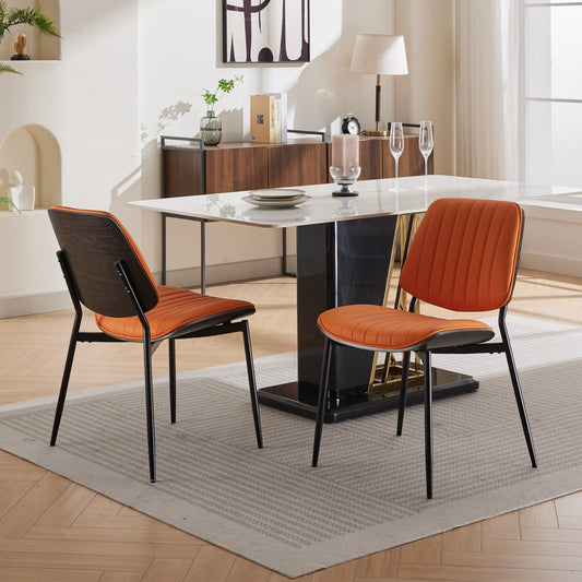 GAKMCIL Mid Century Modern PU Dining Chairs, Retro Faux Leather Upholstered Chair (Set of 2) with Walnut Bentwood Back and Metal Legs, 300lbs Load for Dining Room, Kitchen and Living Room (Orange)