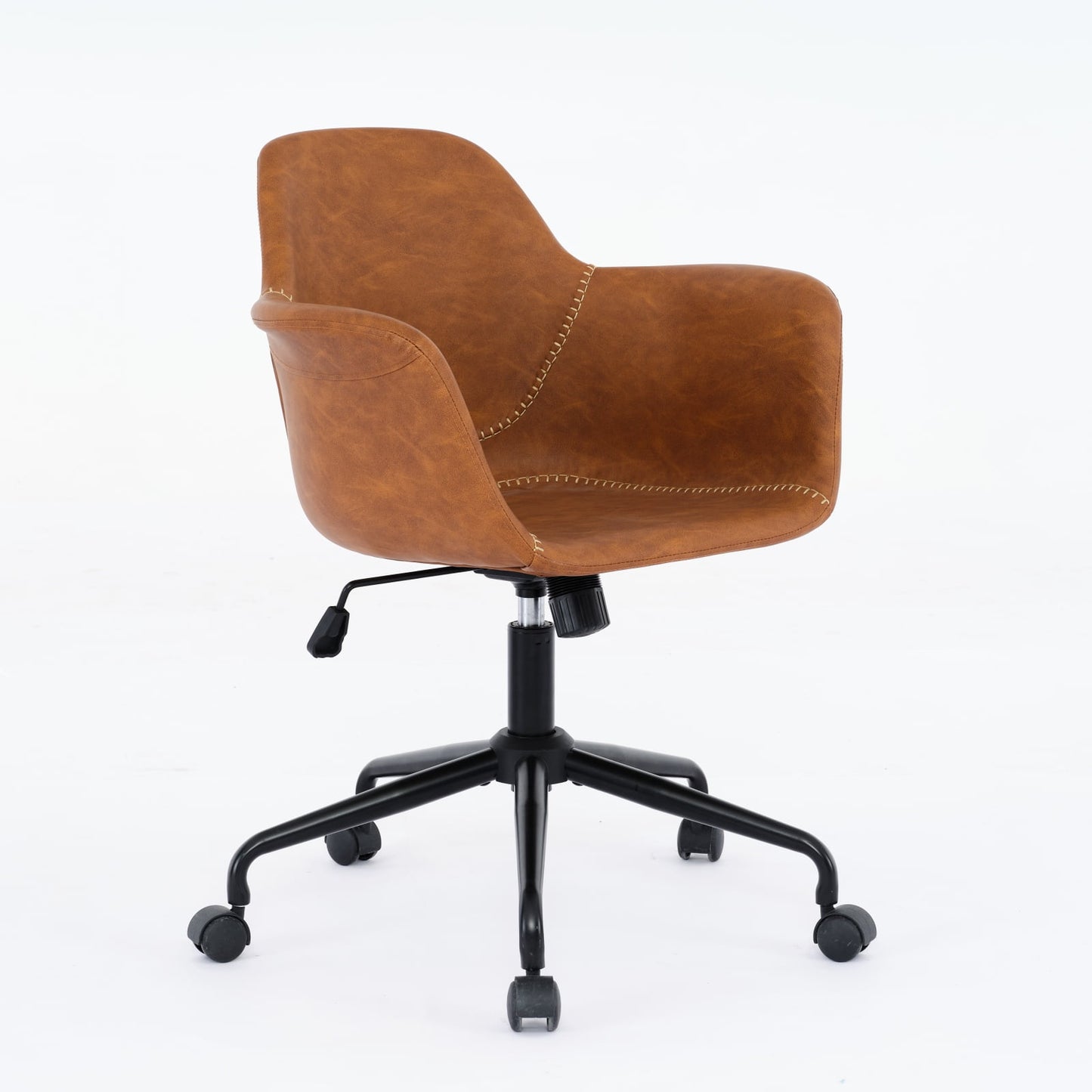 GAKMCIL Mid-Century Modern PU Leather Rolling Swivel Chair, Ergonomic Arms Chair with 40° Recline Chassis, Adjustable Height, Back Support, 300lb Load for Study, Office, Bedroom, Living Room (Brown)