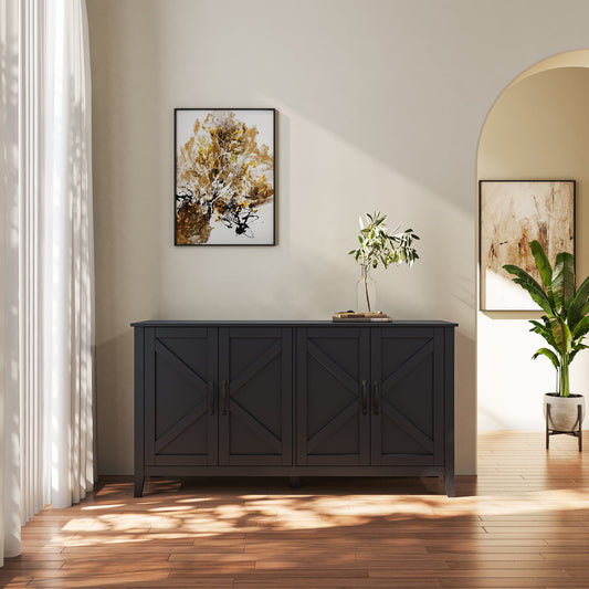 GAKMCIL Modern Freestanding Buffet Sideboard with 4 Doors & 4 open shelgves, Entryway Floor Storage Cabinet, Easy Maintenance for Living Room Bedroom Office Kitchen (Black) (59.06"L*15.75"W*31.50"H)