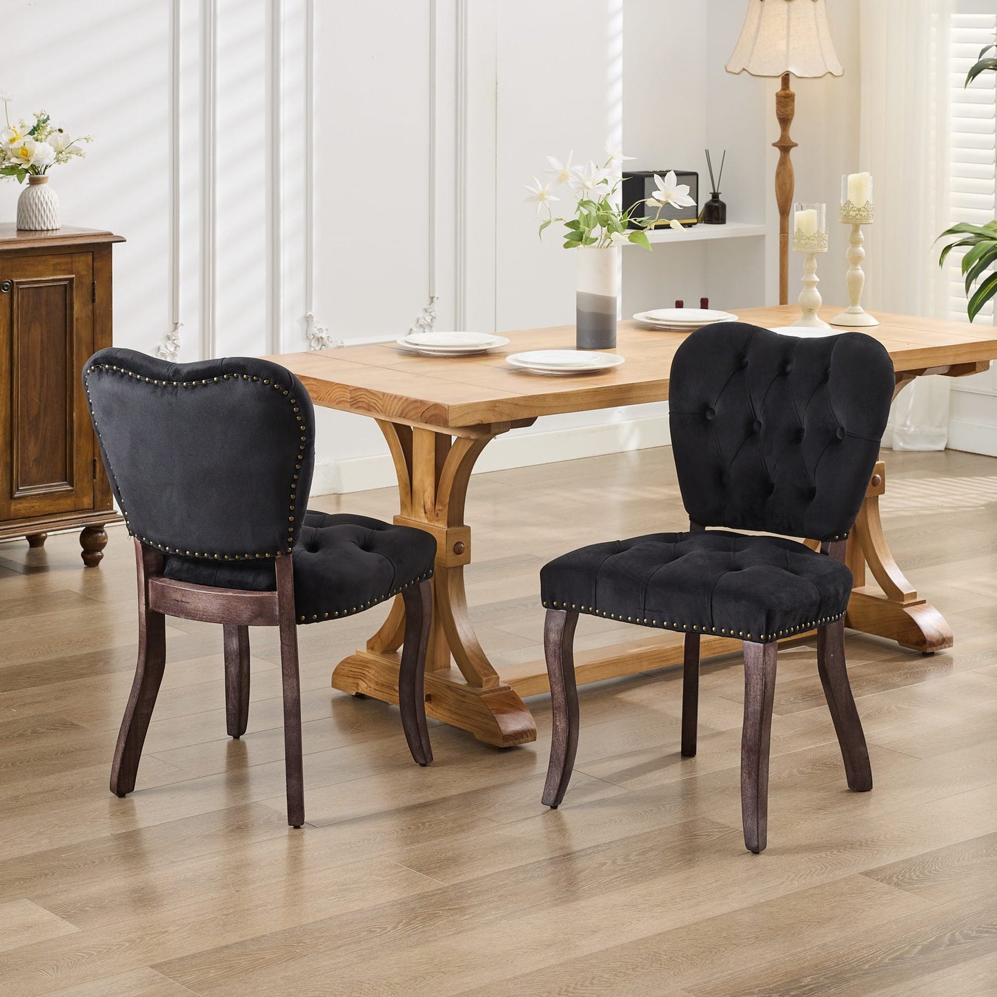 GAKMCIL French Vintage Velvet Dining Chairs (Set of 2), Comfy Button Tufted Dining Chairs with Nailhead Trims and Solid Wood Legs, Weight Capacity 350lb for Dining Room, Kitchen and Café (Black)